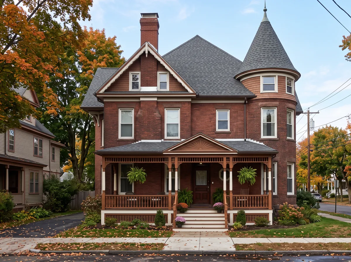 Brick Victorian house on a Hartford street with a new dark shingle roof